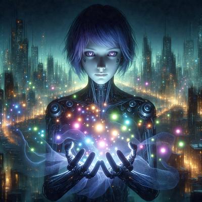 The primary subject of the image is a woman with purple hair, wearing a futuristic outfit and holding a glowing, colorful ball in her hands. The setting is a futuristic cityscape with tall buildings and a nighttime atmosphere. The visual style is a combination of digital art and illustration, creating a surreal and dreamlike scene. The colors and mood are predominantly dark and moody, with the glowing ball adding a touch of brightness and energy to the image.